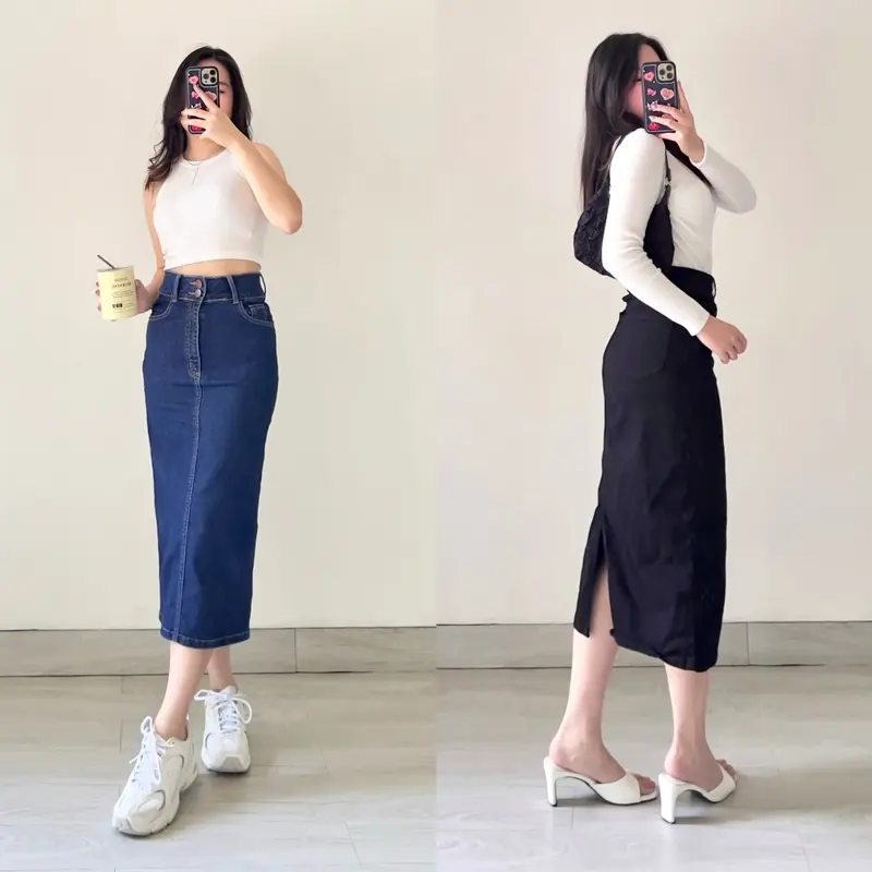 KLAVEE — JOAN DENIM SKIRT STRETCH / Rok Jeans Midi Wanita / High Waist Stretch Melar Korean Style 0