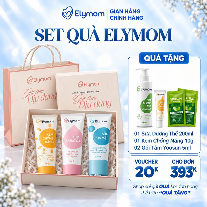 Combo dưỡng bảo vệ da Kem dưỡng da Elymom 50g + Sữa rửa mặt Elymom 100ml + Kem chống nắng Elymom 50g