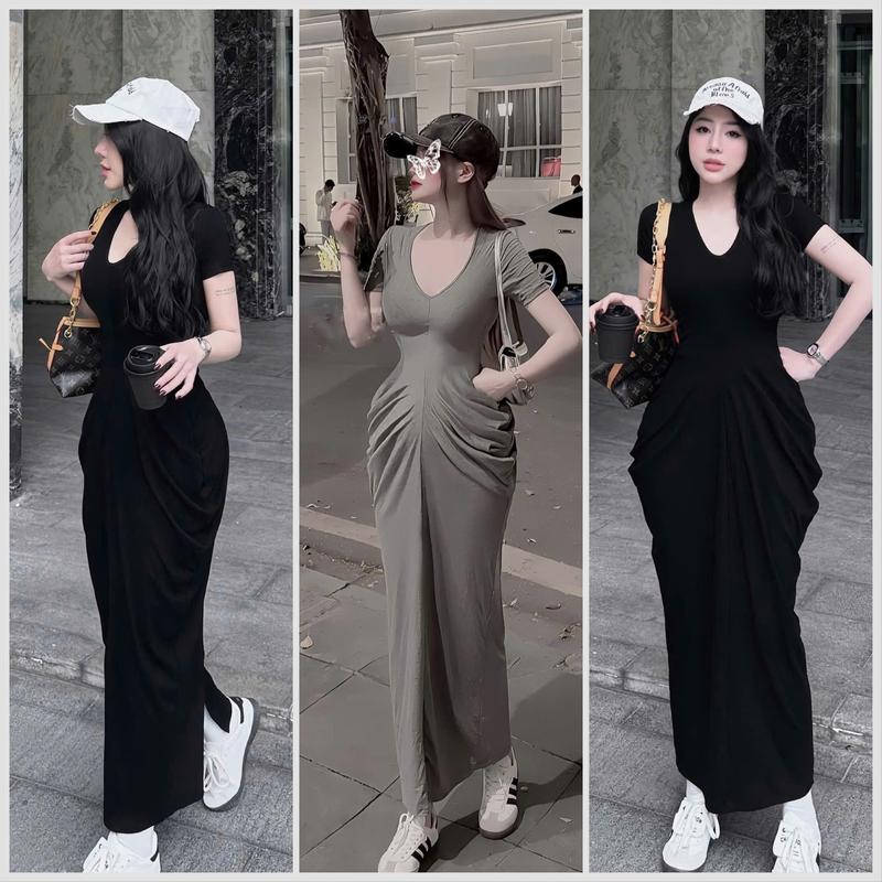 Đầm body nữ cổ tim tay ngắn nhúng hông chê khuyết điểm dáng dài tôn dáng - H721 Chất thun gân lạnh , Váy xinh, váy đẹp, váy đi biển , váy body tôn dáng , váy đi biển, đầm cổ yếm, đầm ren dam di