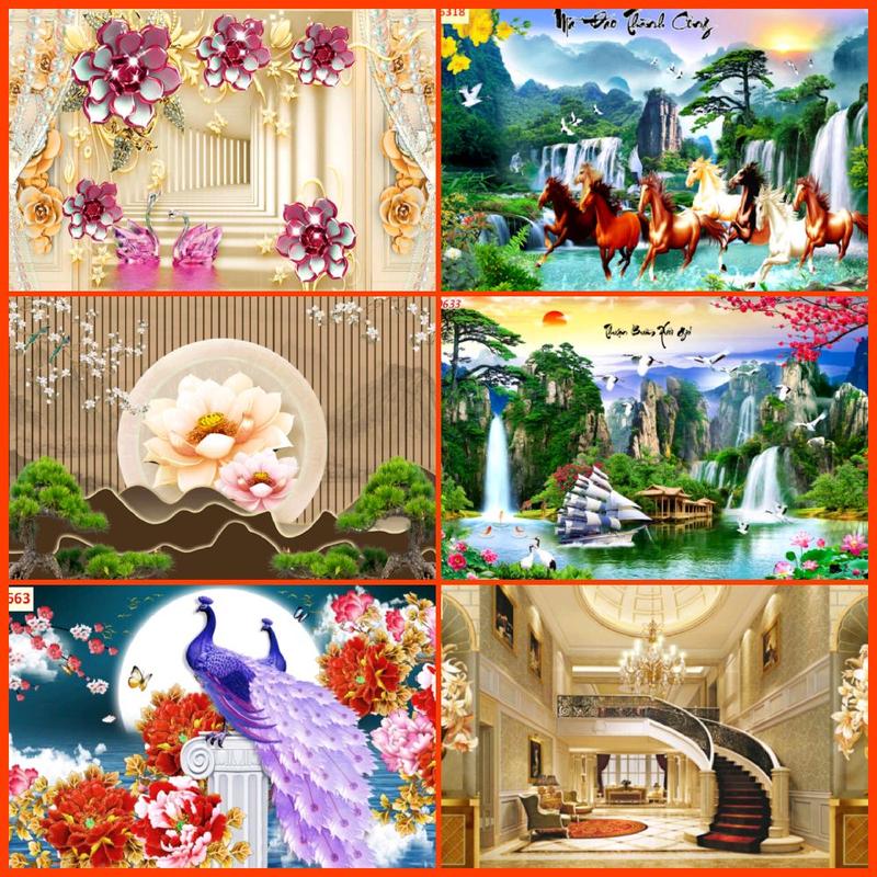 Tranh dán tường 3d phong cảnh sơn thủy đồng quê lam sóng mã đáo trang trí phòng khách phòng ngủ Decor Decal