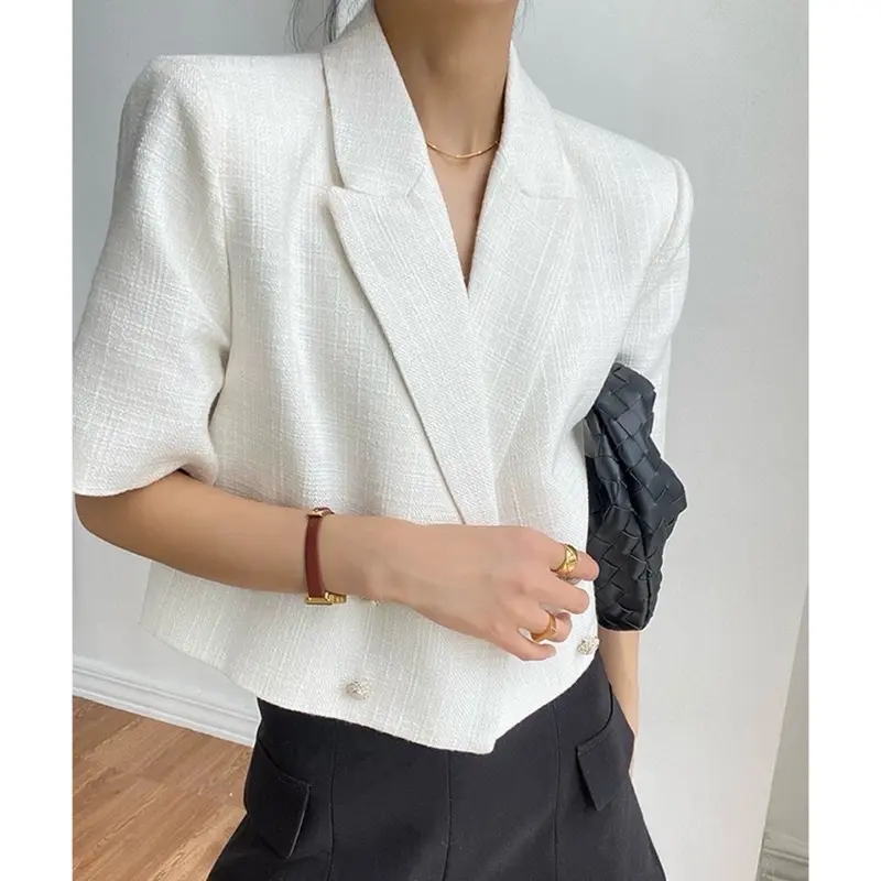 THE0NE Blazer Tweed Tipis Lengan Pendek Model Leher V // Tweed Blazer Top Casual For Daily / 3