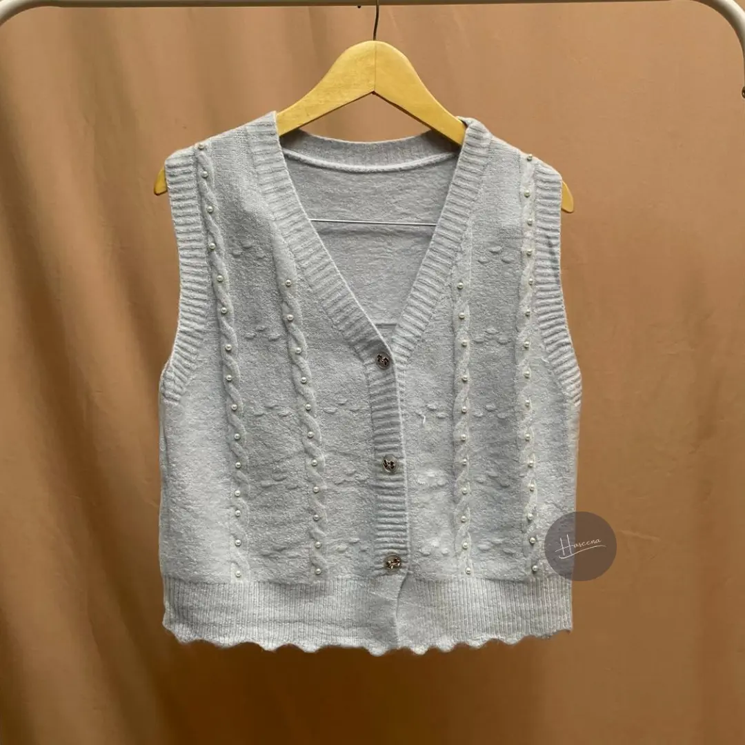 Haseena Vest Knit Pearl Faiqa Rompi Mutiara Basic Simpel Outer Wanita V-Neck Kekinian