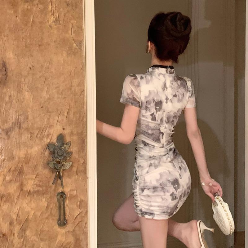 Ăn Mặc sườn xám cách tân Phụ Nữ Phụ Nữ tay ngắn Trên Đầu Gối cổ áo Trung Quốc eo cao Thời Trang Thanh Lịch Bodycon Hoa Ngọt Ngào 2024 tiệc tối Buổi Tối Women Dress váy dầm cỡ lớn Plus Size 5