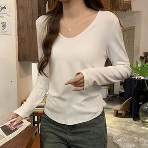 Women's U Neck Long Sleeve Top, Early Autumn Folded Waist Short Blouse, Pure Desire Casual Basic Tee for Women 7597