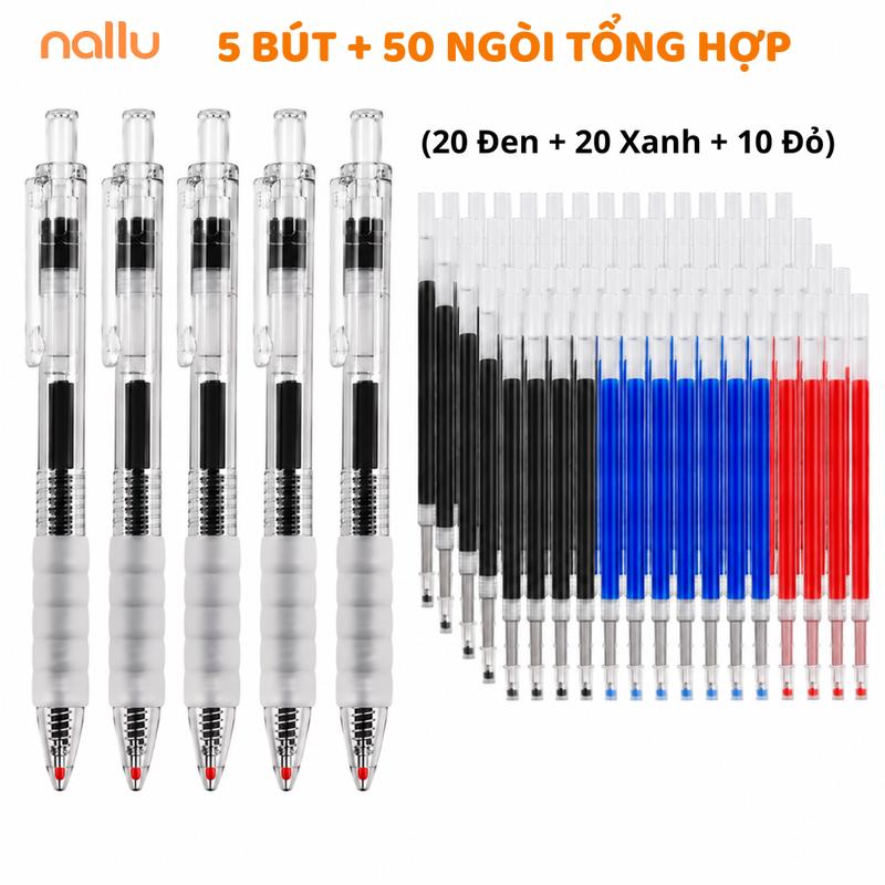 Combo 5 bút + 50 ngòi ST mực đen xanh đỏ Nallu, bút gel bấm viết trơn vỏ basic có đệm tay êm ái