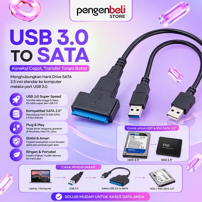 Gambar Kabel USB 3.0 to SATA Converter Adapter HDD SSD 2.5 Inch Hardisk Laptop External High Speed dari Pengen Beli Official Kota Surabaya Tokopedia
