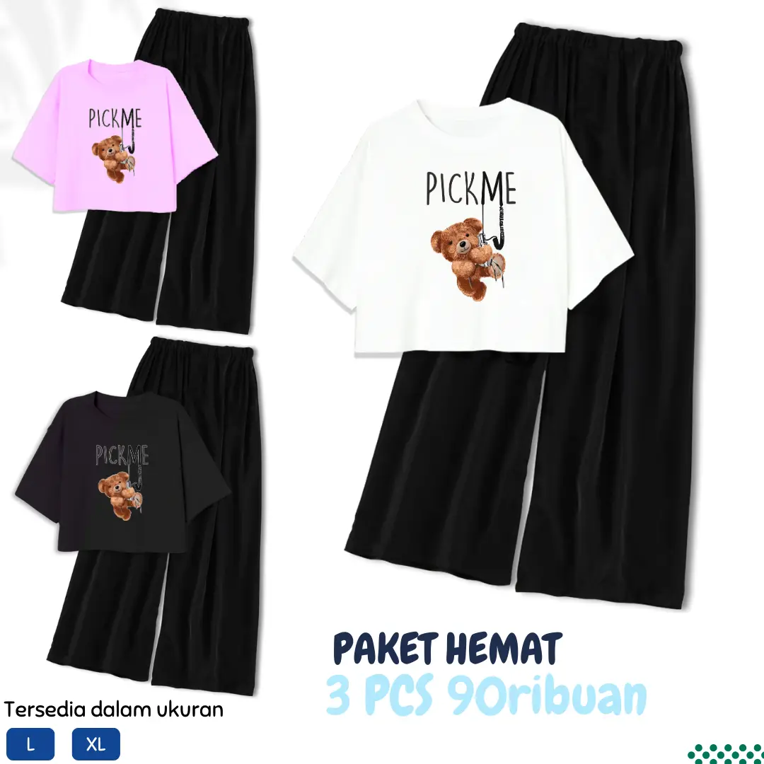 Paket 3 Pcs Setelan Fashion Remaja Perempuan Usia 9-14 Tahun size L dan XL Set Celana PICK ME