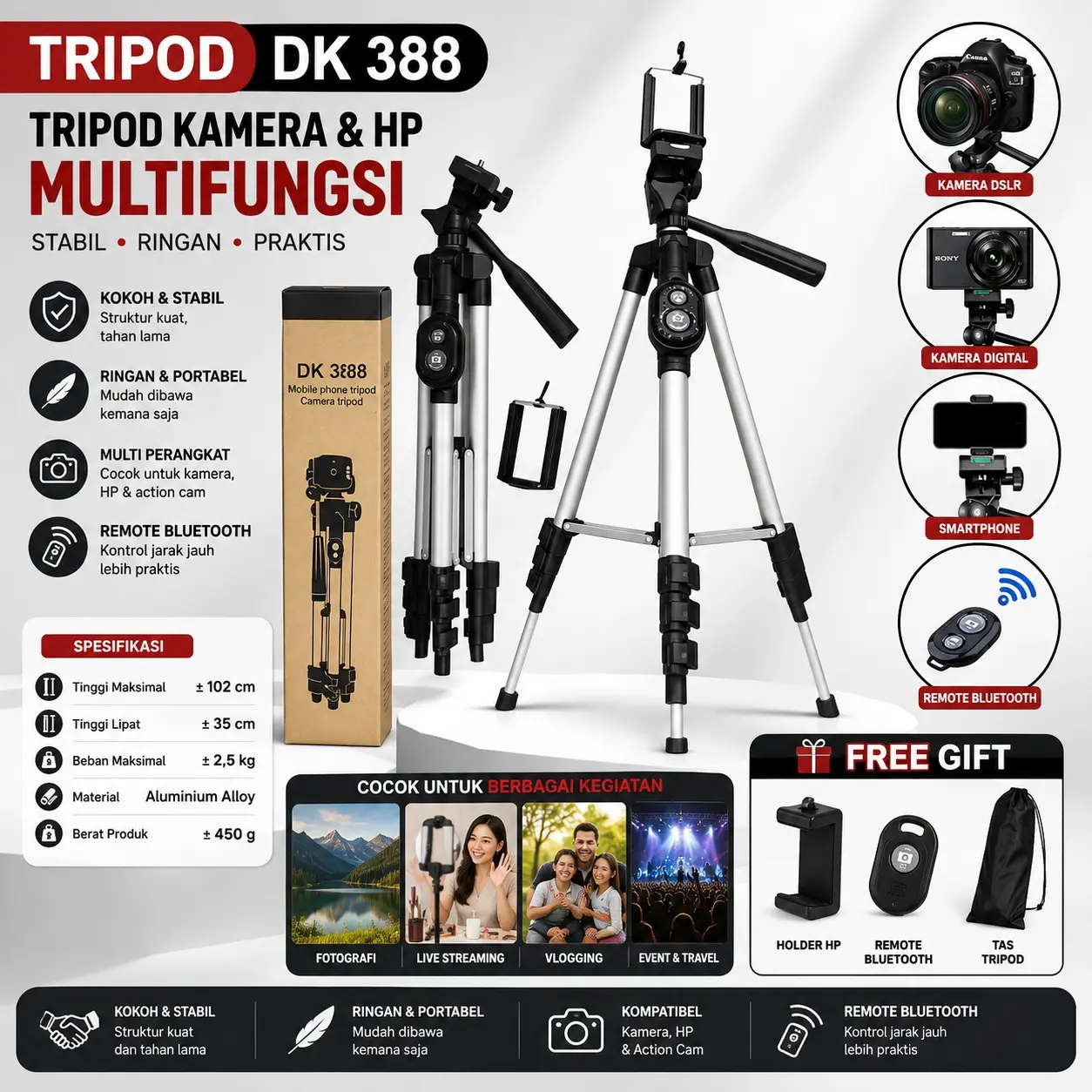 Tripod 3888 - Bluetooth Tripod HP dan Kamera Universal + Free Holder U dan Tas Tripod Dudukan Kamera Handphone Accessories Camera