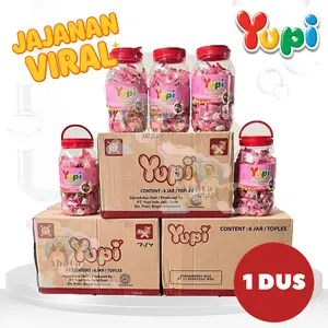 ( DUS / 6 TOPLES ) - Permen Yupi Strawberry Kiss Jar 300gr isi 6 Toples