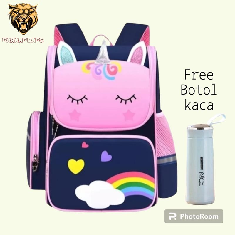Tas Sekolah Anak Perempuan/ Tas Sekolah Anak TK dan SD/ Tas Anak Cewek/ Tas Sekolah Anak Viral/ Tas Unicorn/ Tas Sekolah Anak Perempuan Unicorn Terbaru Cantik/ Free Botol Minum Kaca Ransel 1