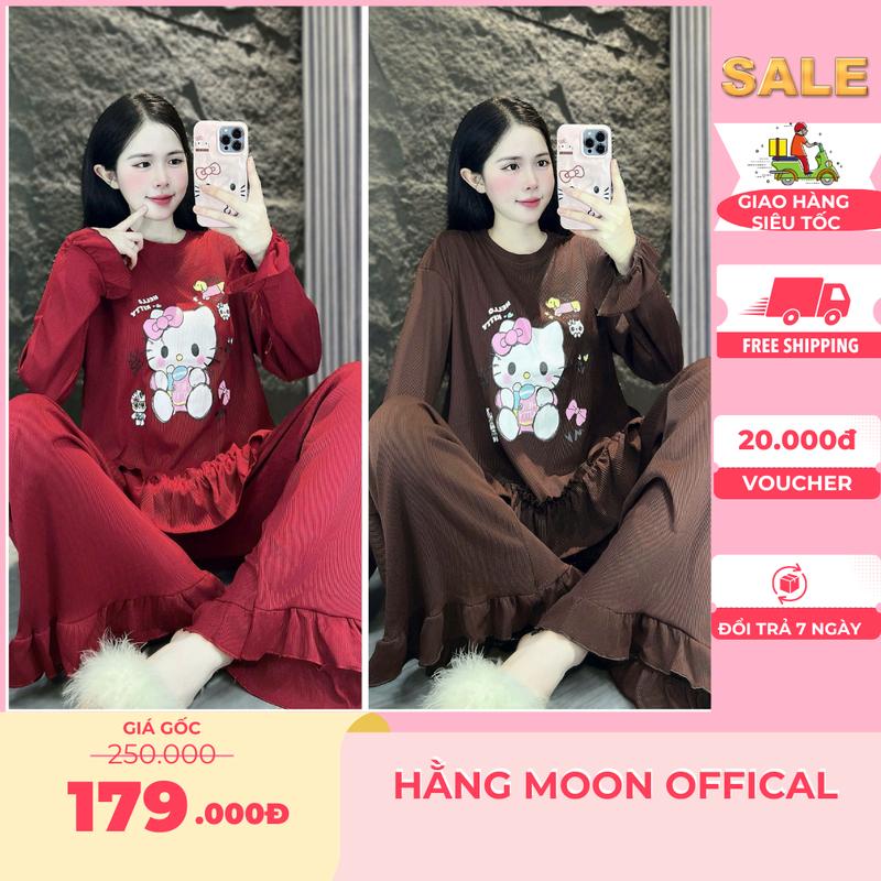 Set Đồ Nữ BigSize Set Bộ KITTY Dài Tay TĂM LẠNH From Dáng Rộng Phối Quần SUÔNG Bèo 3 Màu