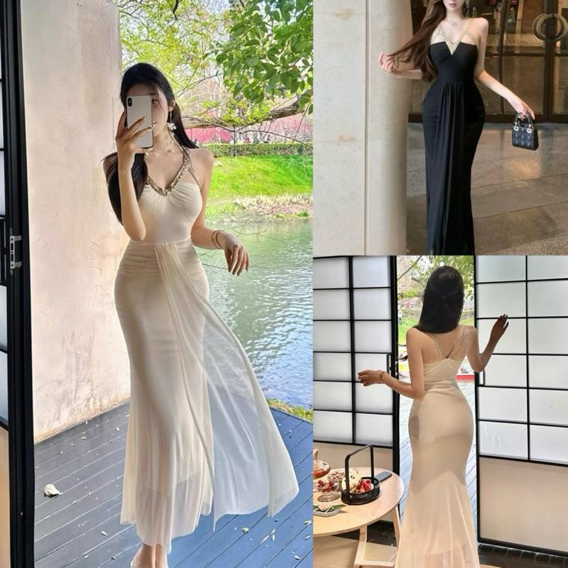 [ Hàng QCCC L1/ Order 7- 10 Ngày ] Đầm Voan Lưới Cổ V Dây Áo Kim Sa Đính Cườm Sẵn Đệm Thắt Eo Thướt Tha 2 Màu Sang Trọng Dành Cho Nữ Women Dress By DiepGZ14725