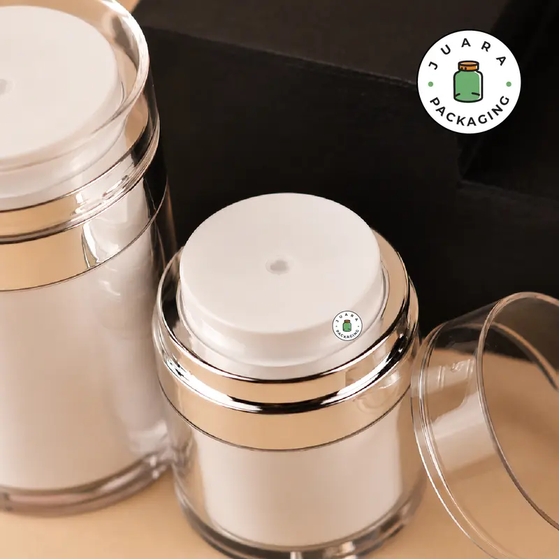 Pot Cream Airless 30ml Bahan Akrilik dengan List Silver & Pump – Wadah Kosmetik Elegan untuk Skincare, Krim Wajah, Lotion, Serum, Kemasan Refill Jar Premium 30 ml