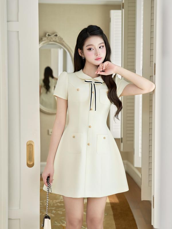 ZAMYSHOP - Váy thiết kế cổ sen khuy dọc nơ kẻ,váy xinh vibe tiểu thư,thanh lịch,đầm đẹp đi tiệc cưới