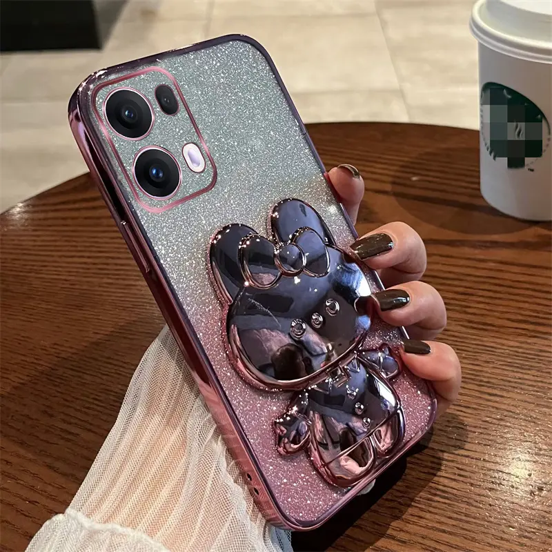New Phone Casing For OPPO Reno 13 Pro 5G 13F 12 Pro 12F 11F 11 Pro Reno13Pro A3x A3 Pro 5G A79 A60 A18 A38 A58 Soft Case Glitter Paper + Rabbit Mirror Bracket Holder Electroplated Phone Case