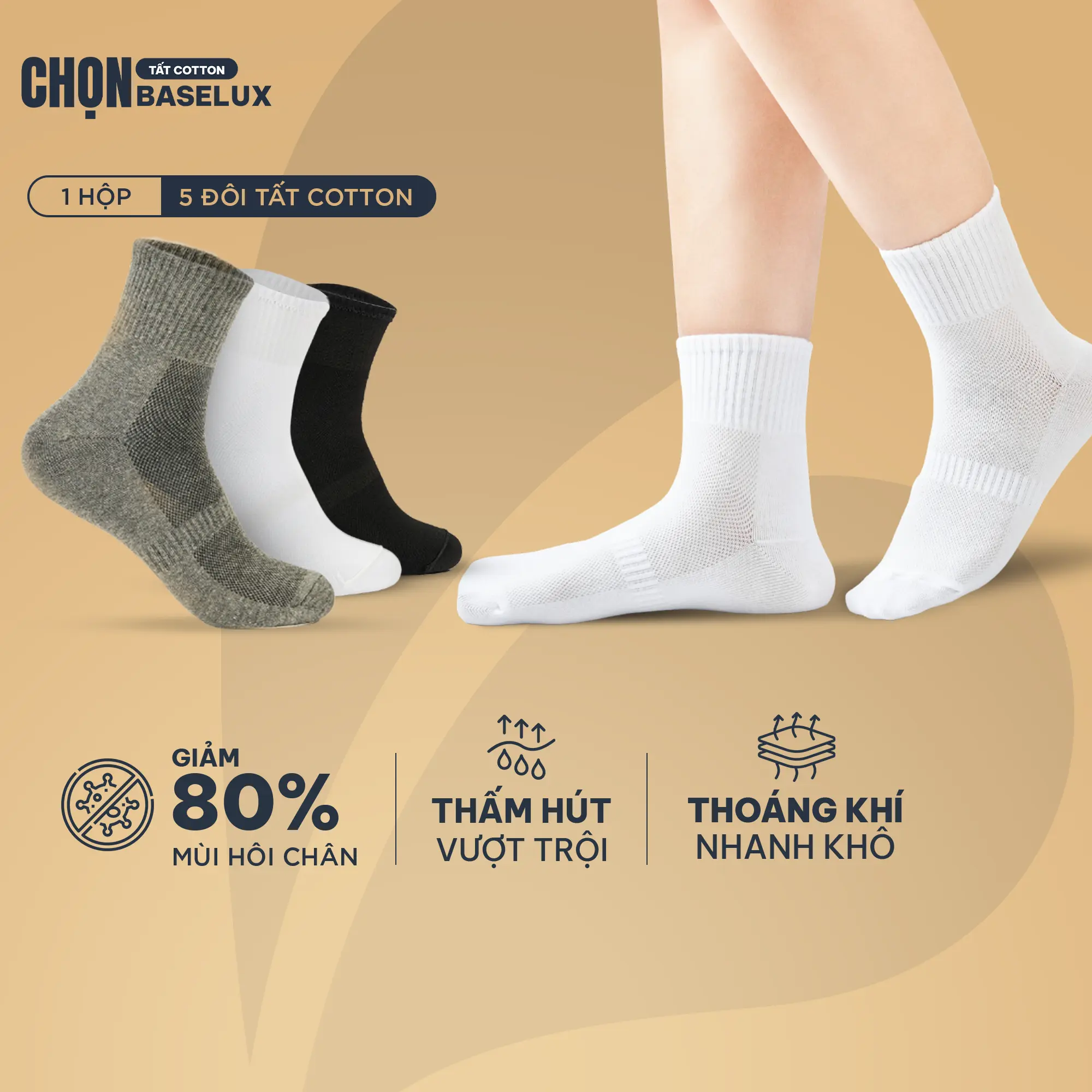 [LIVE] Tất cổ trung BaseLux tất cotton co giãn, vớ nam nữ mềm mại thoáng mát, tất đá bóng kháng khuẩn chống hôi chân
