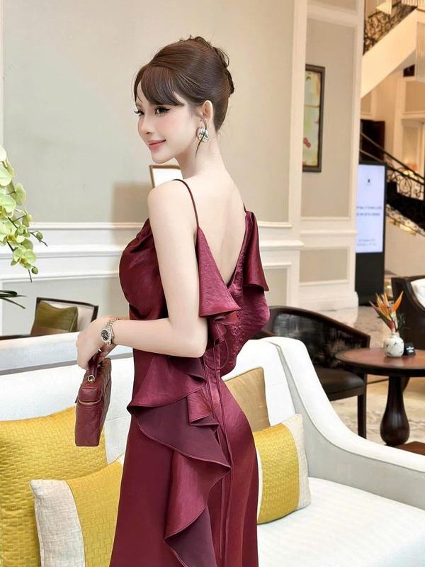  Đầm Dự Tiệc Dáng Dài Lụa Thiết Kế Cổ Đổ 2 Dây Xếp Tầng Bèo Dọc Lưng - ELY DRESS 