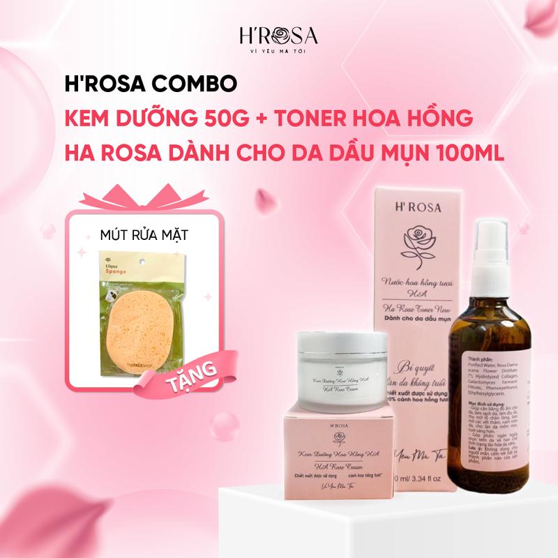 H'ROSA COMBO Kem Dưỡng 50g + Toner Hoa Hồng HA ROSA Dành Cho Da Dầu Mụn 100ml + Tặng Mút Rửa Mặt Tặng Kiểm Soát Dầu & Dưỡng Ẩm Da Mặt Skincare Serum Làm Đẹp Da