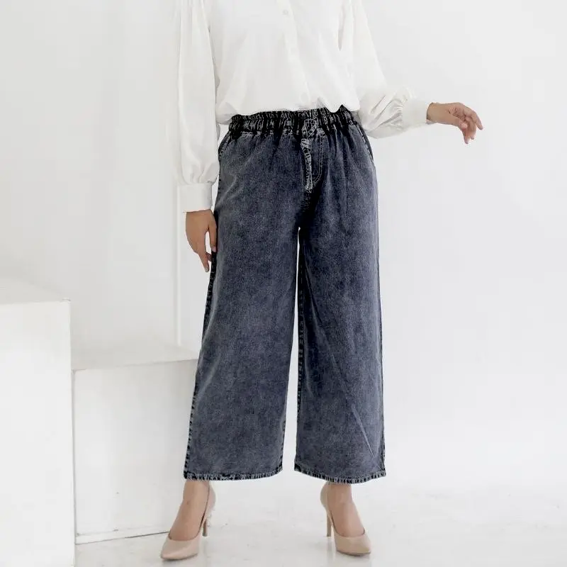 Kulot Jeans Highwaist Wanita Super Jumbo/ Celana Jeans Kulot Snow Pinggang Karet Serut 3