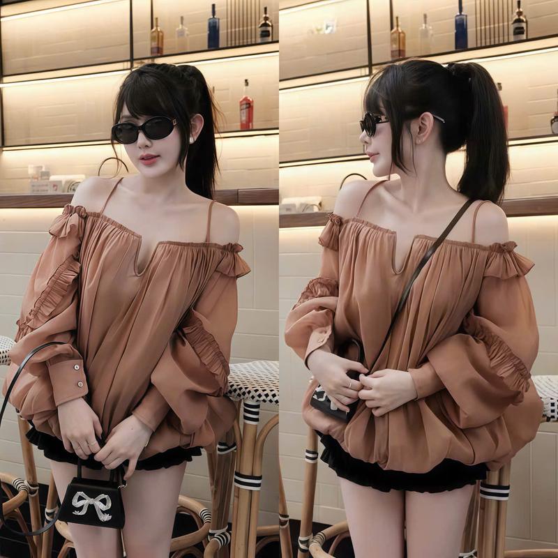 Set đồ nữ áo nâu tay dài bèo bẹt vai dáng phồng phối chân váy xếp ly sang chảnh, xinh xắn phù hợp chop các nàng diện đi tiệc, đi chơi