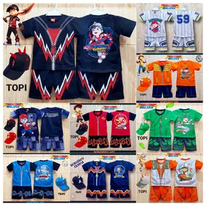 kostum baju anak boboiboy free topi / baju anak boboiboy api halilintar orange daun galaxy jeans