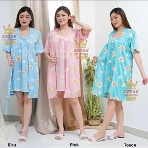 Dtree . Kimono 2in1 satin ice silk motif daisy/dress kimono 2in1 size XL dan XXXL