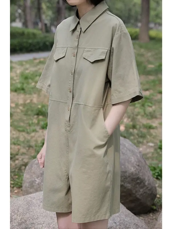 ESOM ROMPER WITH POCKET DETAIL UTILITY TWILL PLAYSUIT LOOSE WIDE LEG SHORT SLEEVE KOREAN STYE 2