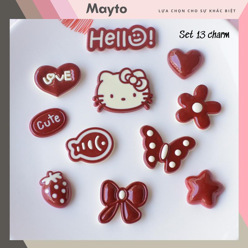 Bộ 13 Sticker, Charm 3D chủ đề Kit.ty Đỏ nhựa cứng gắn Dép, Dép Sục, Cá Sấu MayTo JB-346