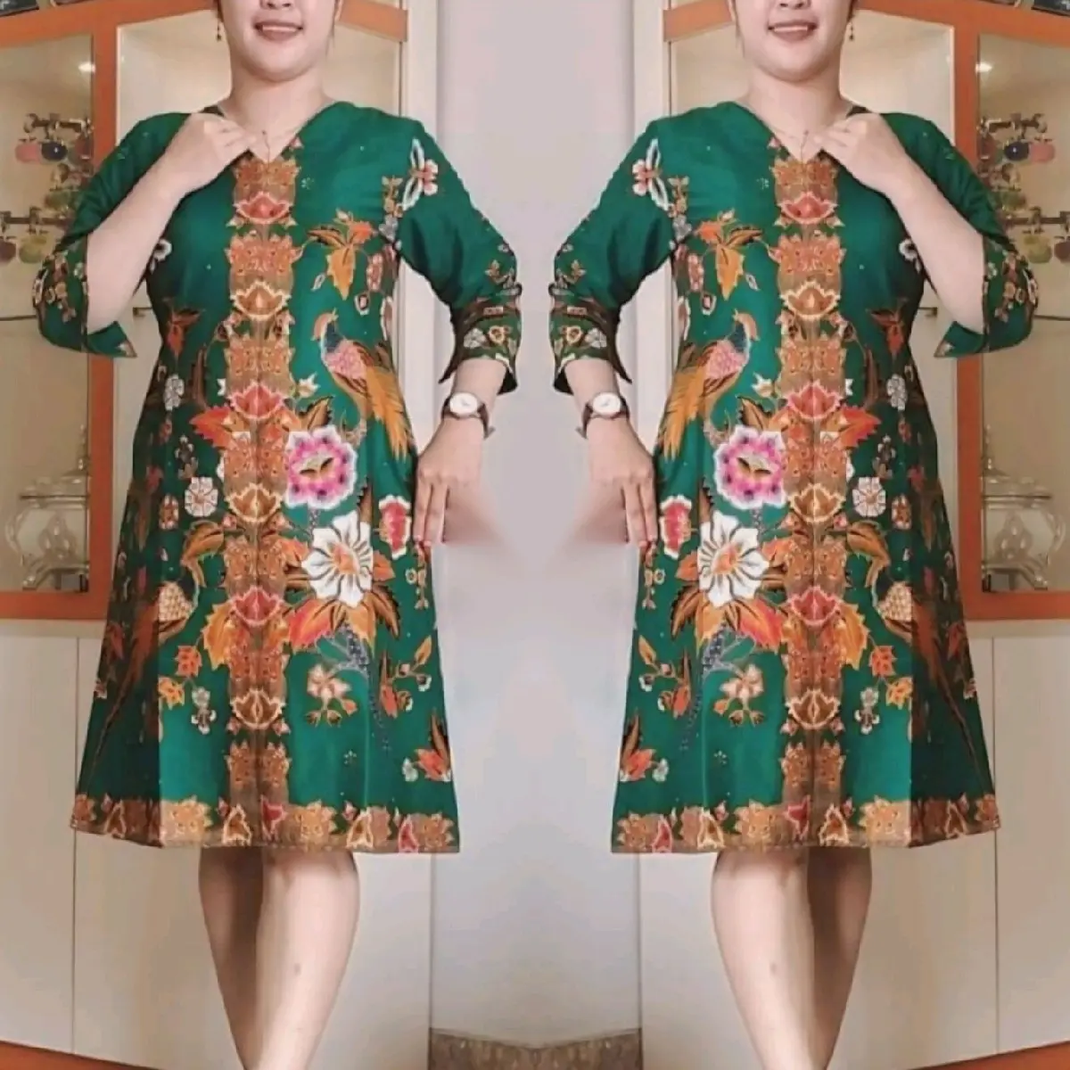 Dress batik cendrawasih kerah V saku kanan motif elegant formal maupun non formal