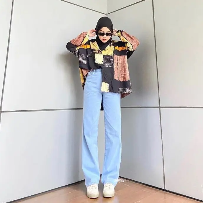 Highwaist Kulot Jeans Wanita Loose Lightblue Celana Panjang