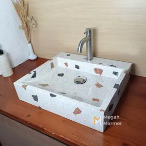 Megah Marmer | Wastafel Terazzo Square + Lubang Fosit Ukuran 45cm Estetik Free Packing Kayu