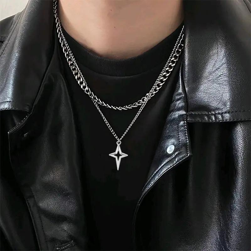 Kalung Double Layer Liontin Salib Bintang Gaya Hip Hop Titanium Anti Karat Pria Wanita Silver Stainless 2