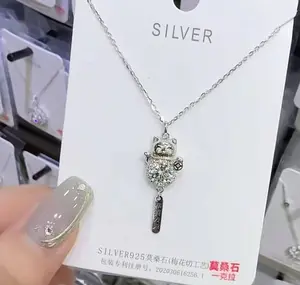 Liontin perak 925 transparan, kalung kail ikan wanita, rantai klavikula perak sterling