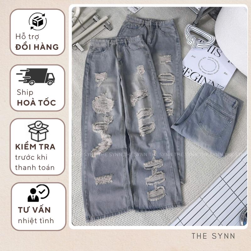  QJ33 - Quần Jeans Nữ Ống Đứng Form Rộng Lưng Cao Phối Rách Te Tua The Synn 