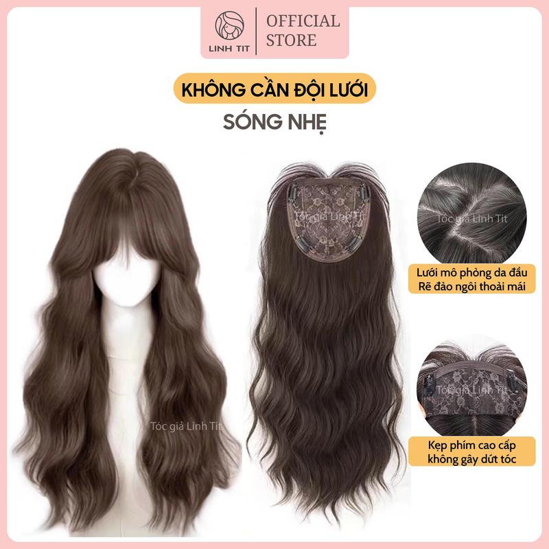 " KHÔNG CẦN ĐỘI LƯỚI " - Dáng xoăn  Half da đầu HD mô phỏng da đầu chất liệu tóc tơ mềm 50cm  [ Tóc Giả Linh Tít ]