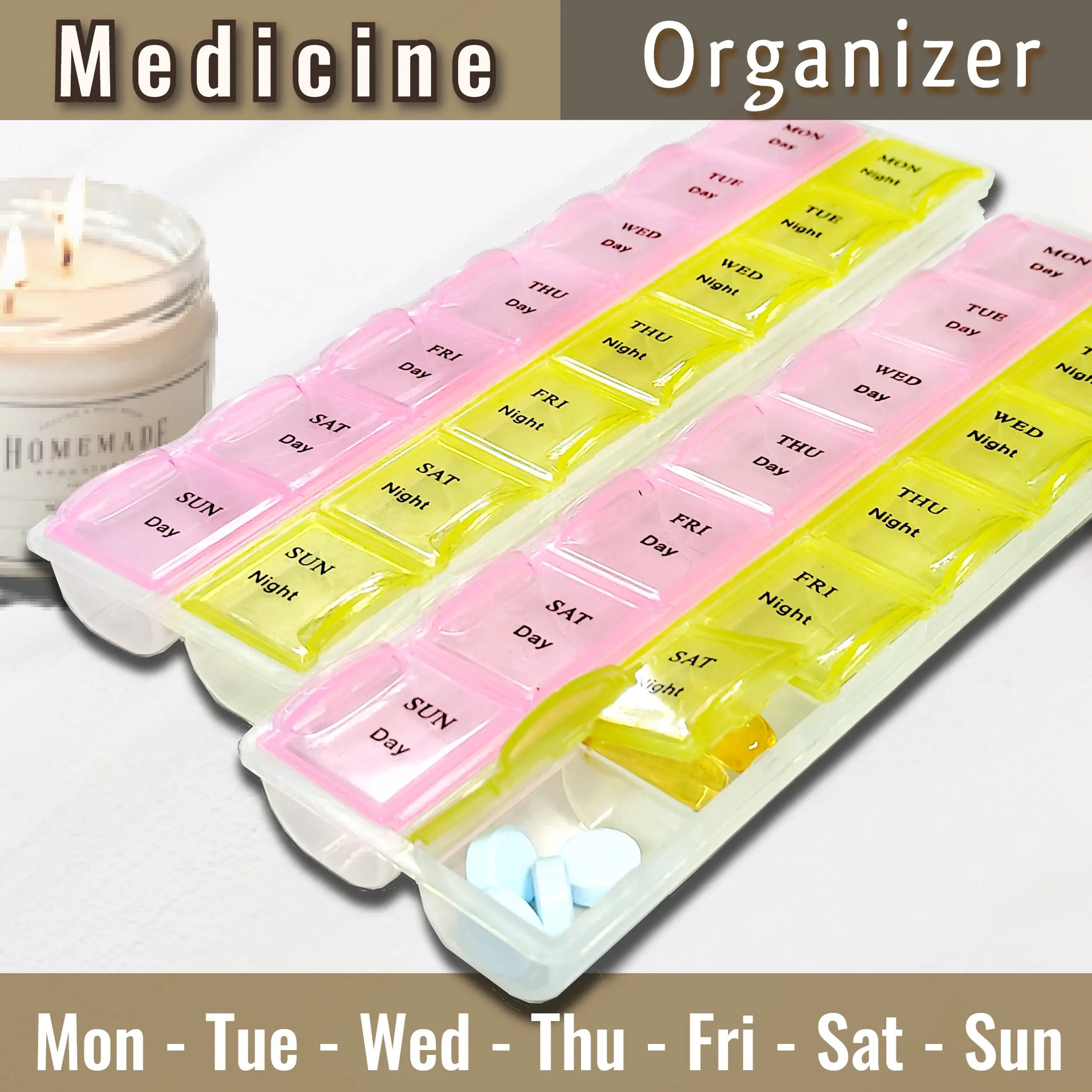 14 Compartment Medicine Box (Mon-Sun) Pill Organizer Daily Weekly Storage Box Case (21x6x2cm) Premium Stylish Healthcare Vitamin Aid