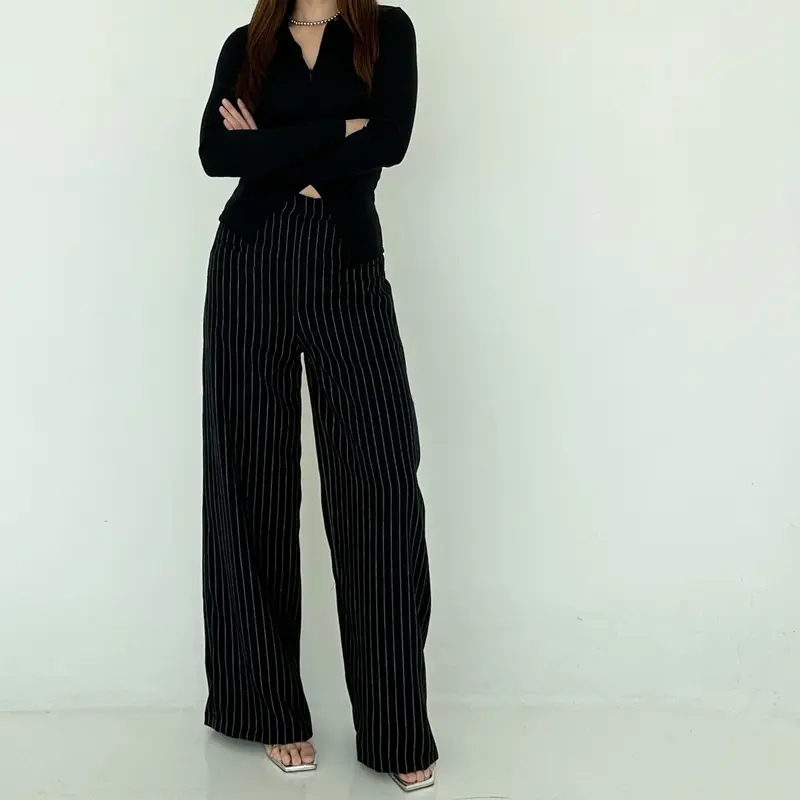 [Poshy] Kimberly Loose Stripe Pants Highwaist Semiwool Pockets Celana Panjang Wanita Premium Straight Trouser Celana Garis 3