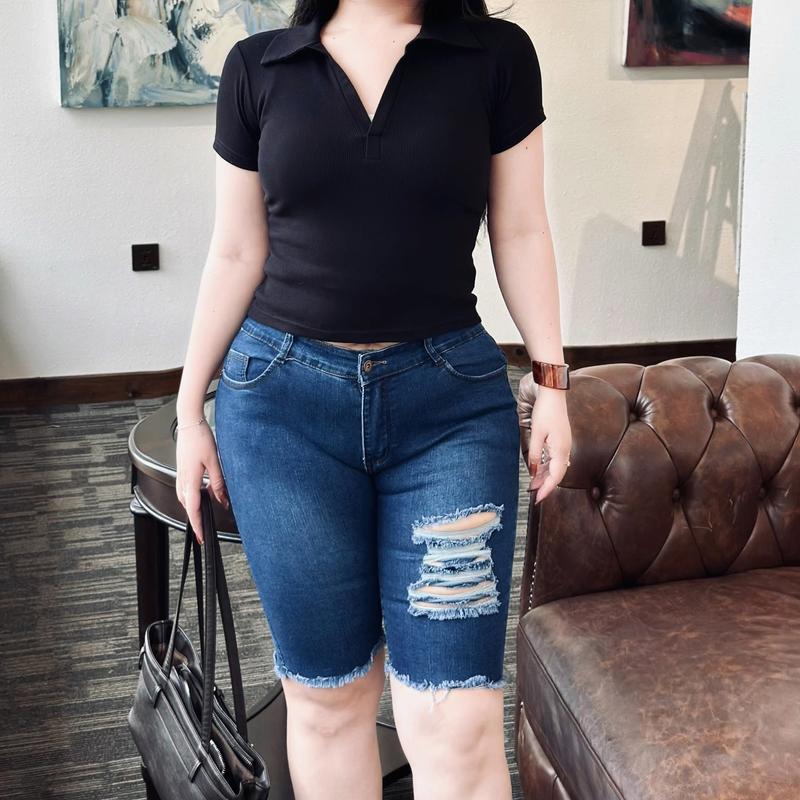 Quần Jean Ngố Lửng Bigsize Lưng Cao Co Dãn Mạnh Trên Gối Nữ Denim Pants Women Vải Jeans Co Dãn 4 Chiều 3311 4258