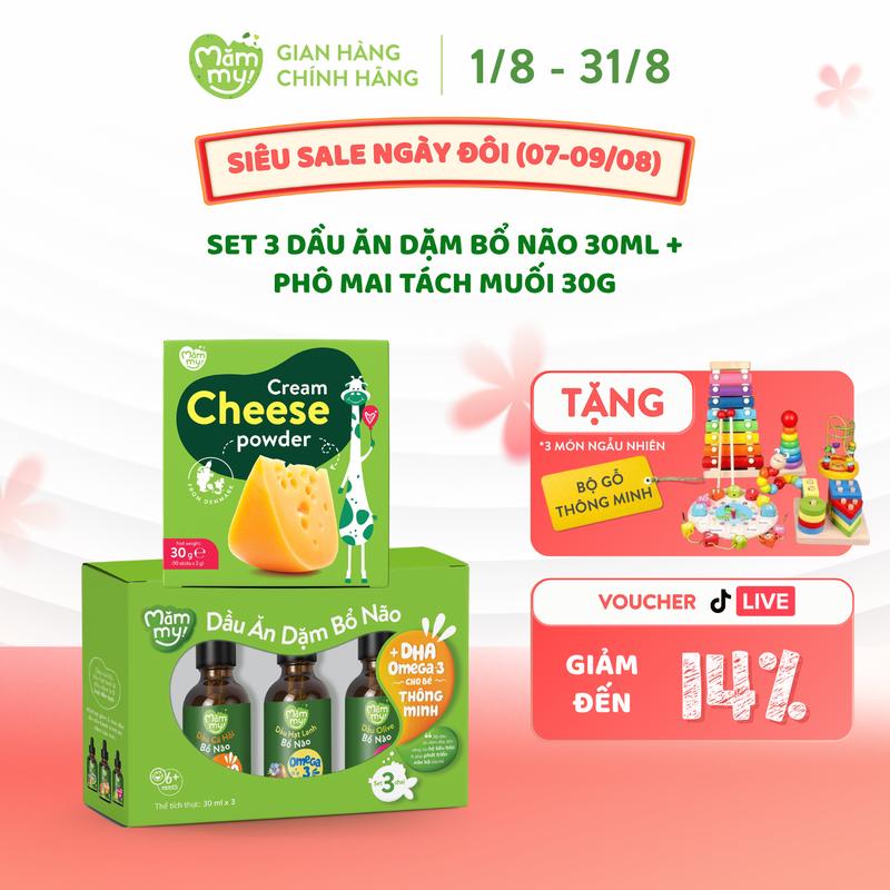 Combo Ăn Dặm MĂMMY: Set 3 Dầu Ăn Dặm (Cá Hồi, Hạt Lanh, Olive, Óc Chó, Bơ, Gấc) Chai 30ml + Hộp Phô Mai Tách Muối Bổ Sung Canxi Cho Bé 3g/Gói [BGTM]