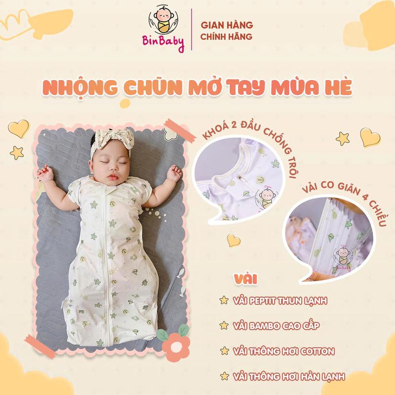Nhộng chũn thông hơi mở tay cho bé - chất vải thoáng mát, co giãn thoải mái giúp bé ngủ ngon, giảm giật mình