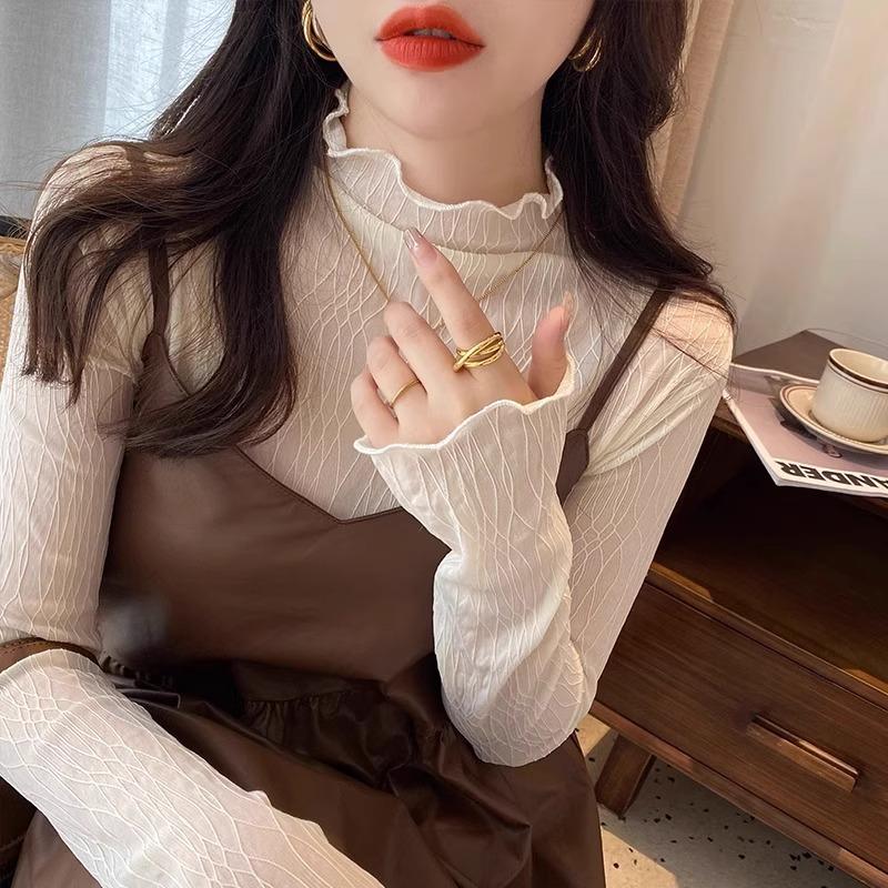 Áo Thun Lót Lông Cừu Cho Nữ, Hình Dáng Ôm Sát Ấm Áp, Dài Tay, Lớp Đế, Nửa Cao Cổ, Ren, Áo Nhỏ, Mùa Thu Và Mùa Đông, Mới