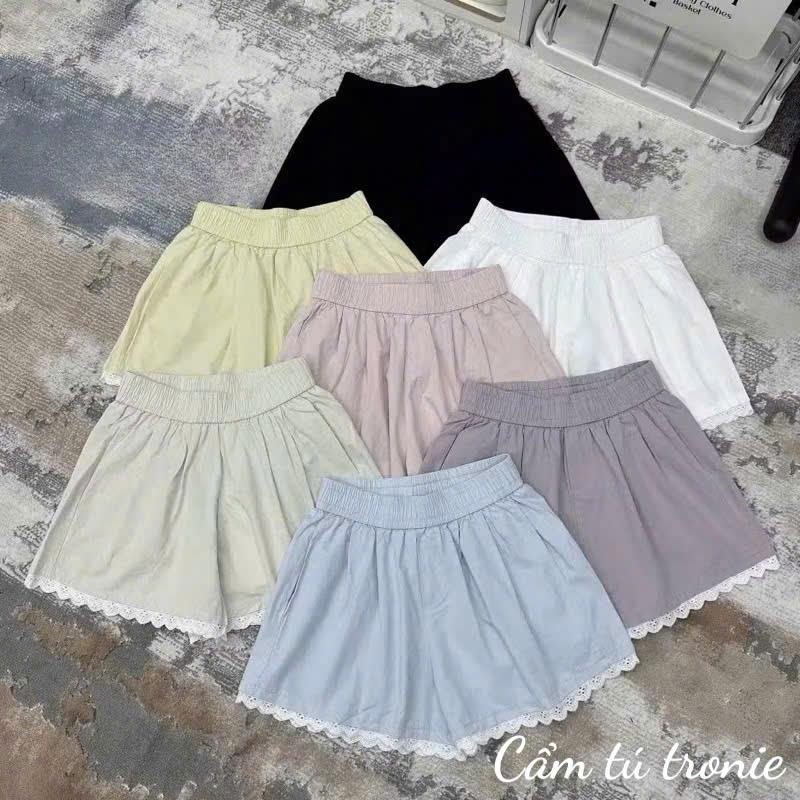 Quần short nữ ống rộng gấu ren lưng cao cạp thun chun có túi chất vải Đũi mát mềm Quần Đùi nữ mặc ở nhà Đi ngủ biển thể thao