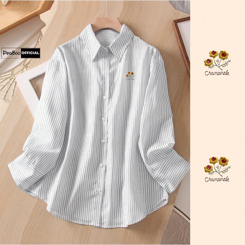 Áo Sơ Mi Kẻ Thêu Hoa BST03 Dài Tay Unisex By PEABOO Form Rộng Thoáng Mát Dành Cho Nam Nữ