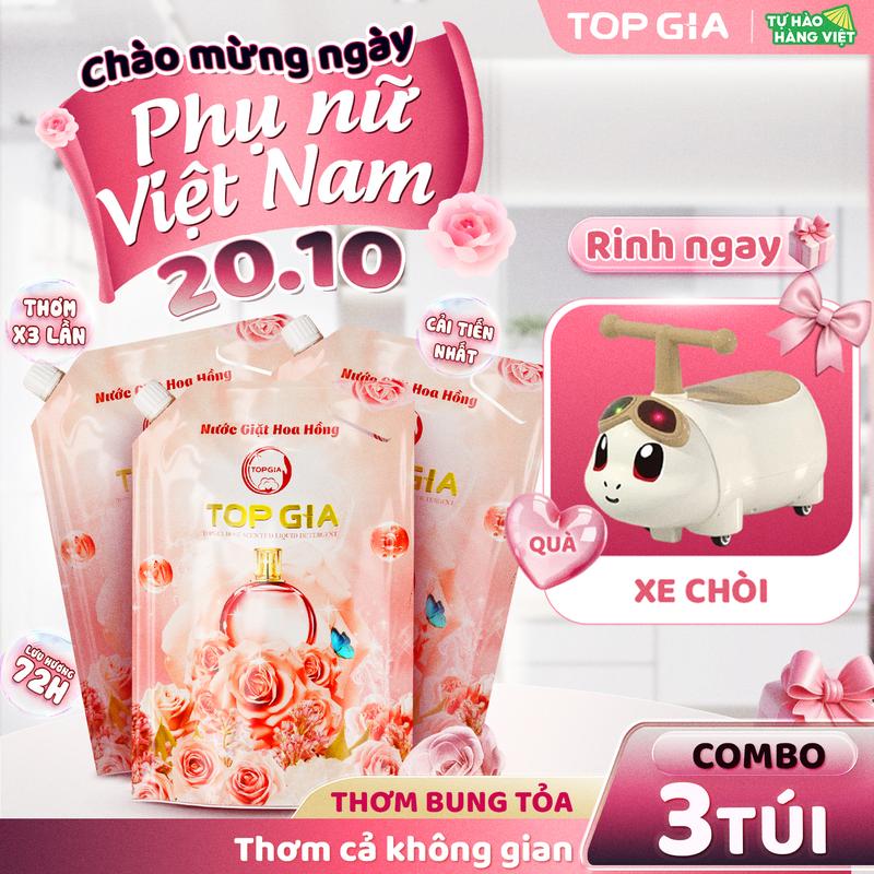   TẶNG XE CHÒI  Combo 3 Túi  Nước giặt Lavender Hoa Hồng TOPGIA 1L Tặng Xe Chòi Topgia KIDS - Nước giặt xả quần áo ngừa khuẩn hỗ trợ làm sạch an toàn cho bé và lưu hương dài lâu  1L  nth 