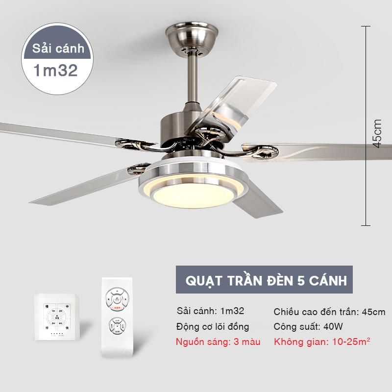 [Động cơ DC inverter-100% lõi đồng] Quạt Trần Đèn, Quạt Trần 5 Cánh, 6 Cấp Độ Gió, 3 Chế Độ Đèn, Điều Khiển Từ Xa 7