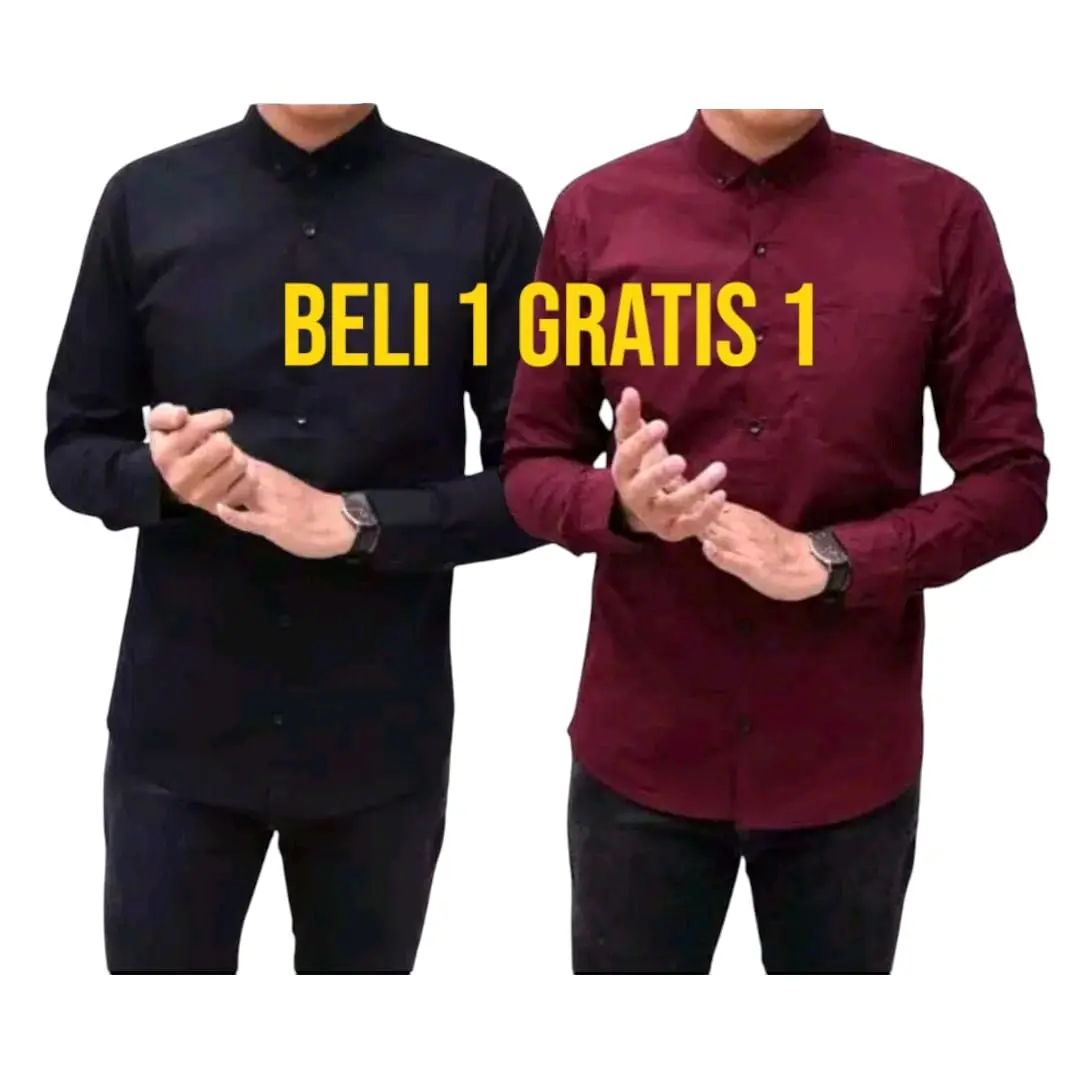 PROMO 2 PCS BAJU KEMEJA PRIA POLOS LENGAN PANJANG Hitam Navy Slimfit Kantor Nyaman Formal