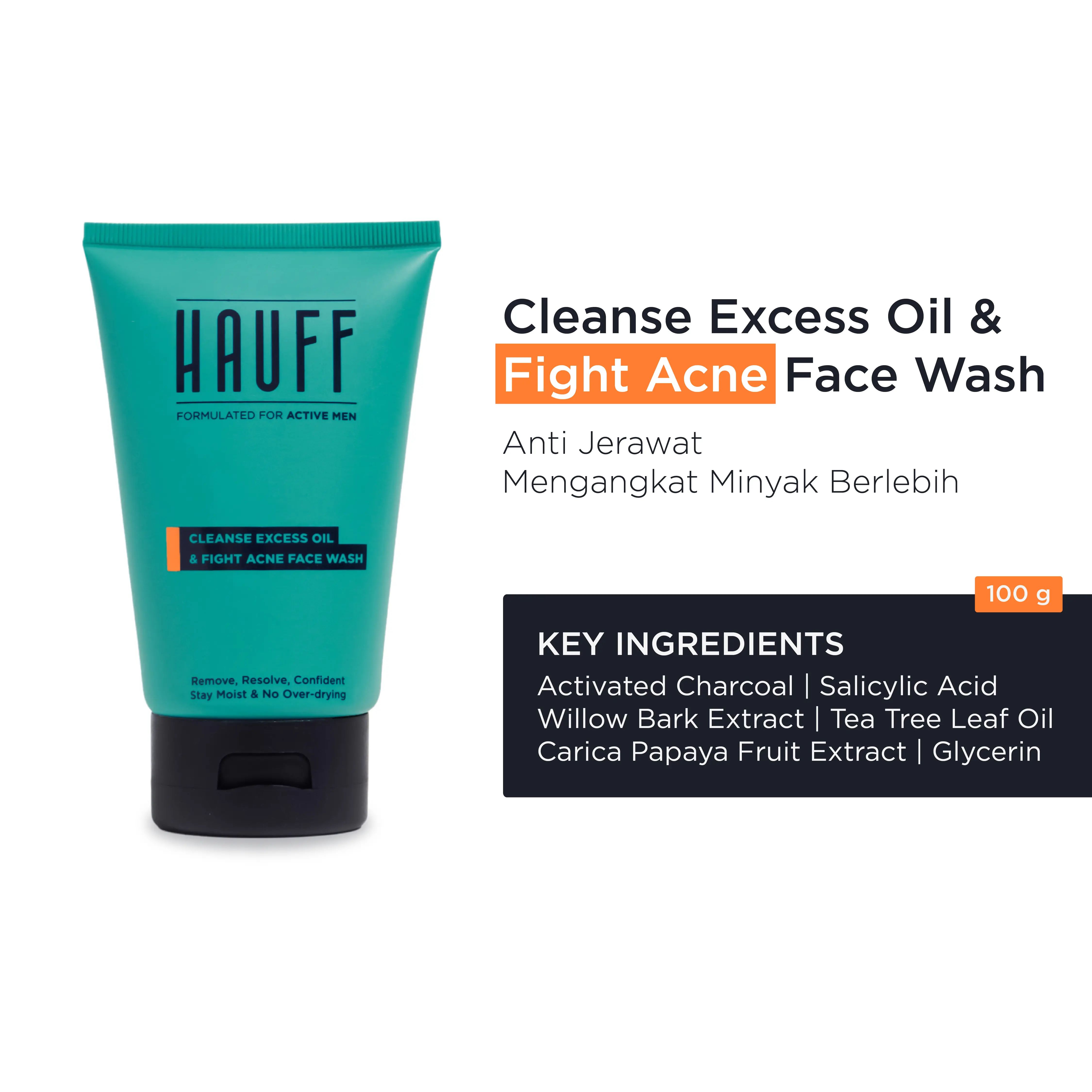 HAUFF CLEANSE EXCESS OIL & FIGHT ACNE FACE WASH | Facial Detox & Deep Cleansing | Wajah Anti Berminyak & Berjerawat | Membersihkan Kotoran Hingga Ke Pori | Menghilangkan Komedo | Charcoal, Kaolin, Salicylic Acid, 2-Botanical Extract Complex Kering Papaya