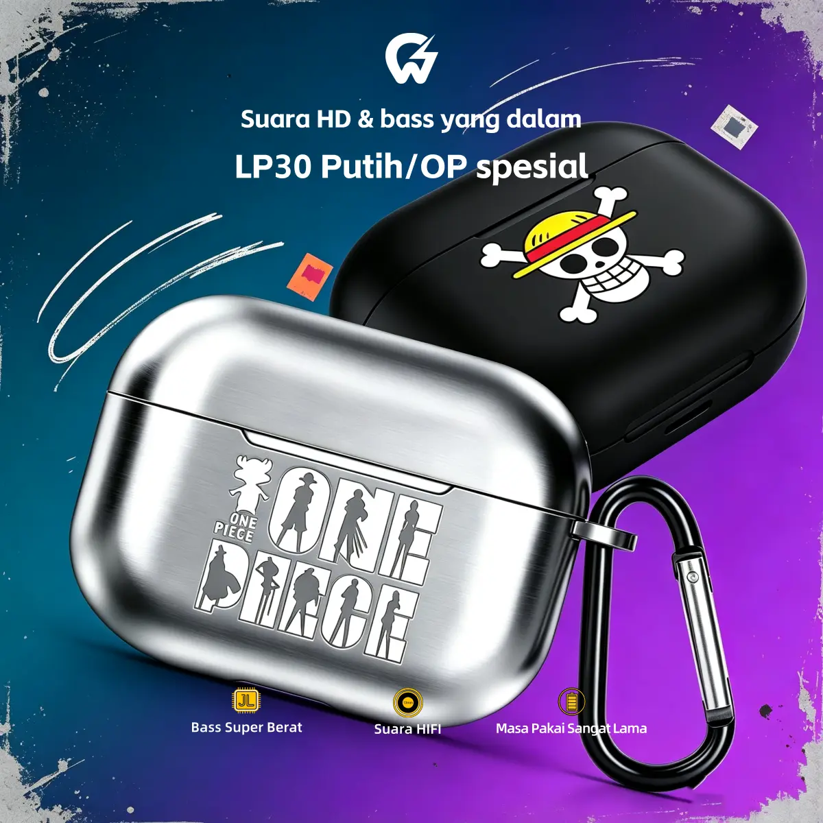Headset TWS GreatWall LP30 Nirkabel Bluetooth 2026, Casing Unik Motif Bajak Laut Topi Jerami, Bass Dalam, Baterai Tahan Lama, Anti Air, Suara 3D, Noise Reduction, Untuk Gaming Olahraga & Musik