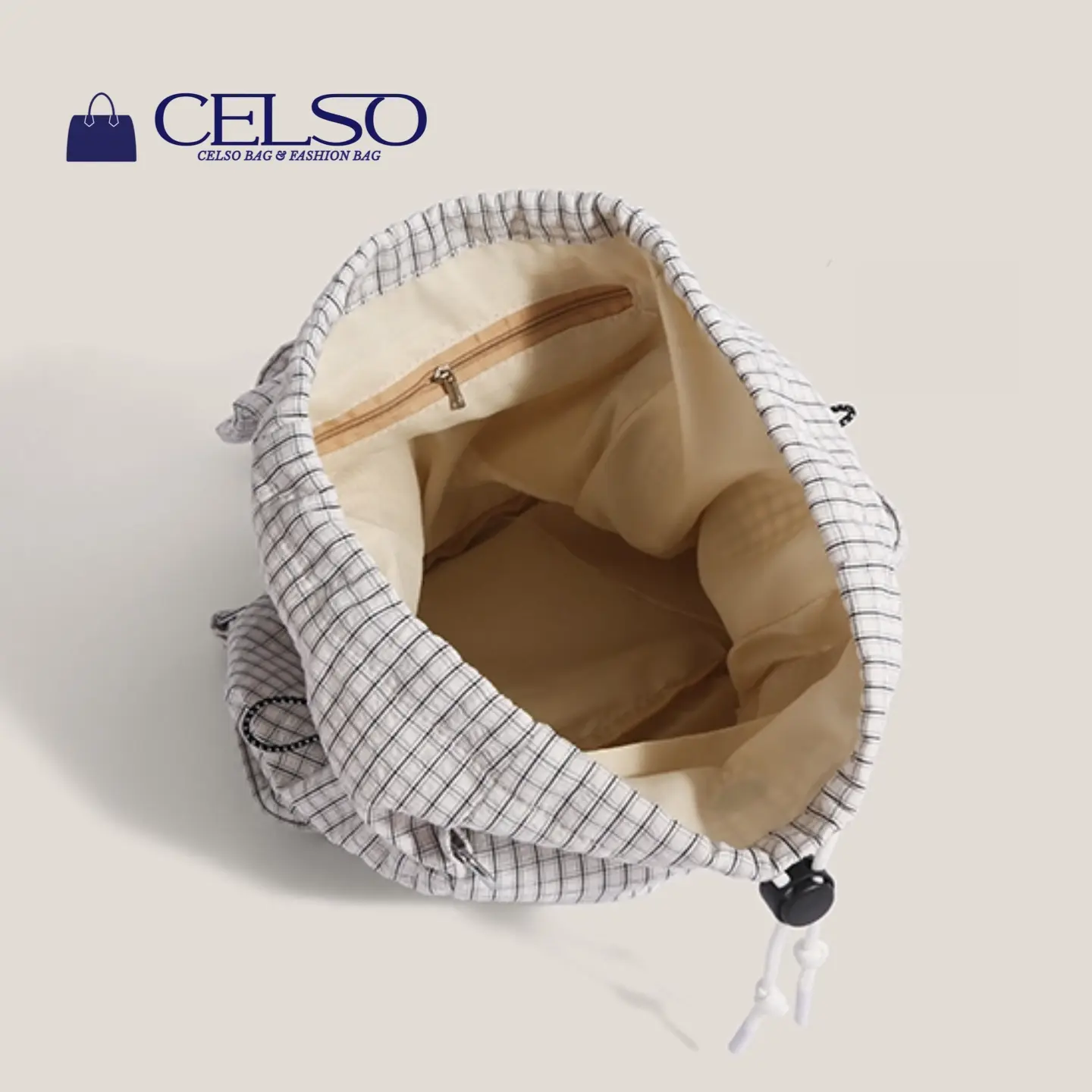 Checkered Canvas Backpack Purse for Women, 20L Capacity, Water Resistant Daypack CELSO Korean Checkered Canvas Backpack Women Casual Shoulder  main image 3