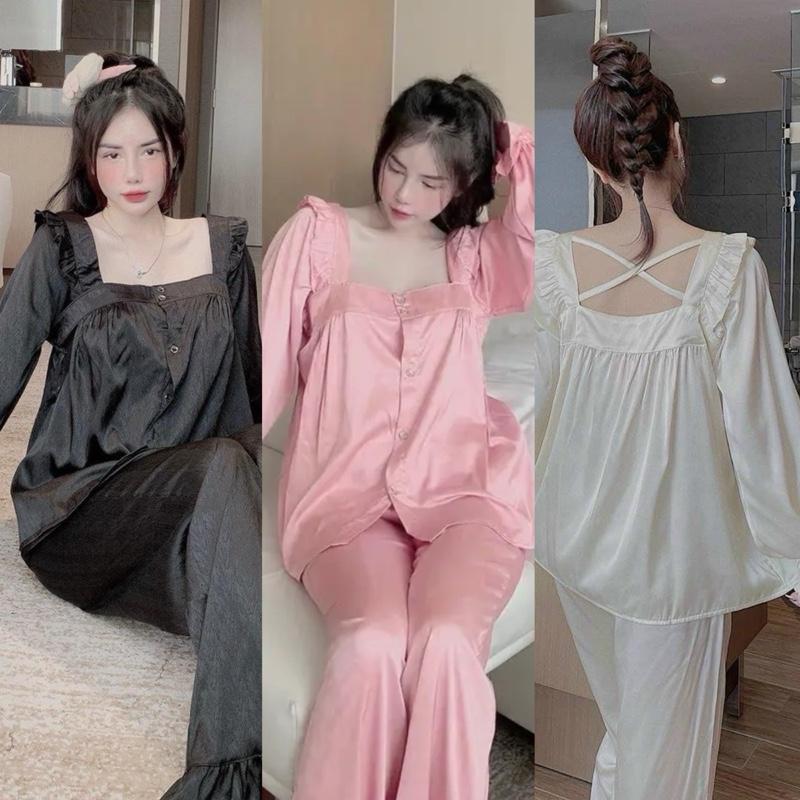Đồ Bộ Ngủ JUSOKA Pijama Nữ Mặc Nhà Lụa Gấm Xước Tay Dài Tiểu Thư Dễ Thương - Mặc Ở Nhà Đi Ngủ - Cao Cấp Thoải Mái Sang Trọng DD33